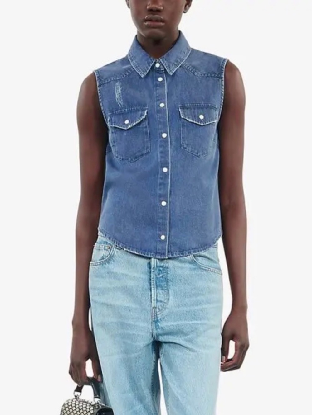 The Kooples Fitted Sleeveless Denim Shirt Pearl‎ Snap Blue FCCD29000J Size 1 S
